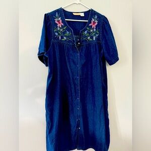 VTG La Cera Denim Floral Dress With Pockets Blue Midi Dress Button Down 1X XL
